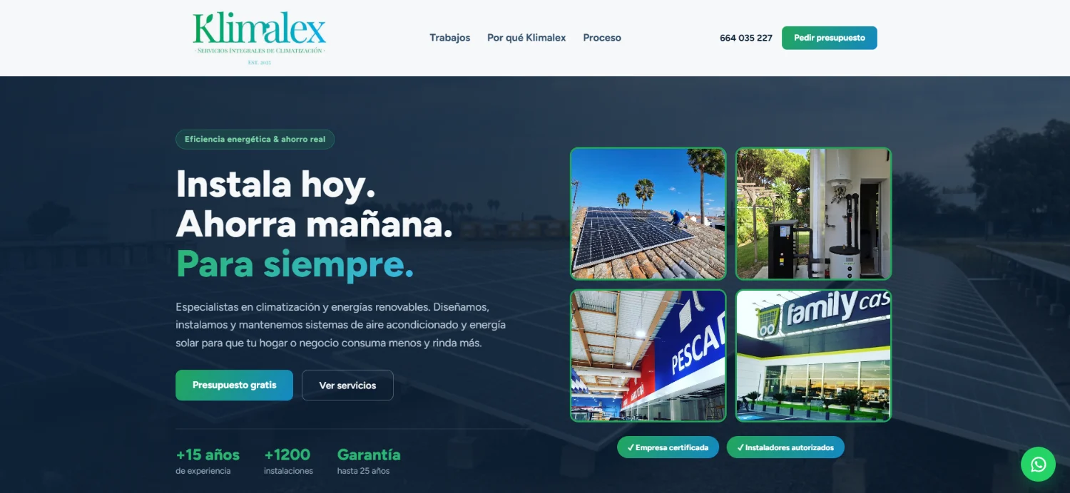 Web de Klimalex, climatización y energía solar, diseñada por EMCWEB